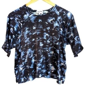 FRANK + OAK Blue Camo / Abstract Print Silk Boxy Fit Blouse / Top Size Medium